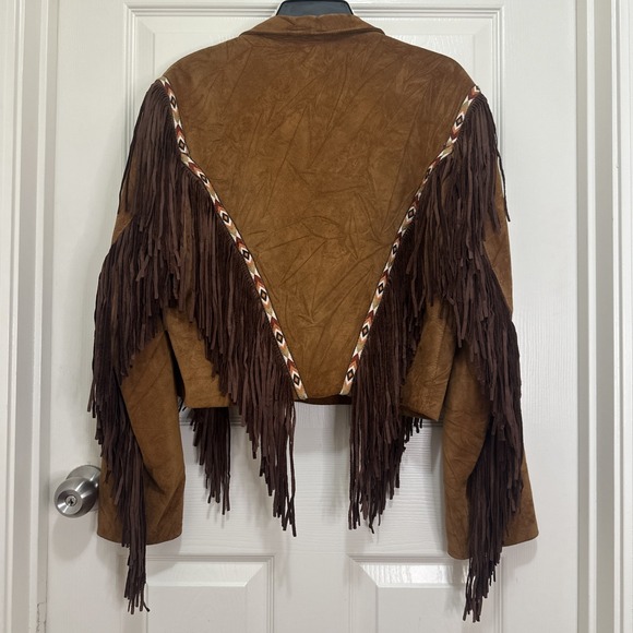 Jackets & Blazers - Western Fringe Leather Suede Jacket‎ Button Up Brown Aztec Design Sz Woman's L